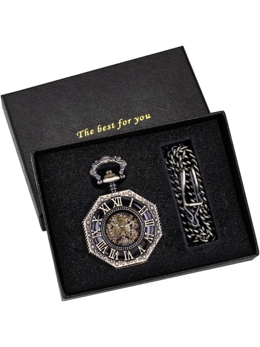 Men Black Retro Skeleton Roman Numerals Hollow Mechanical Octagonal Pocket Watch